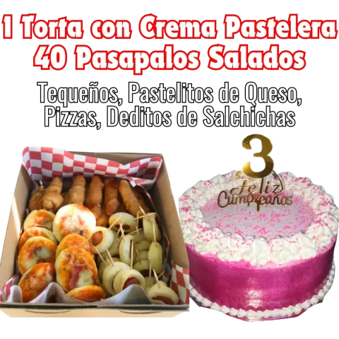 Torta con Crema Pastelera y Pasapalos Salados 40und