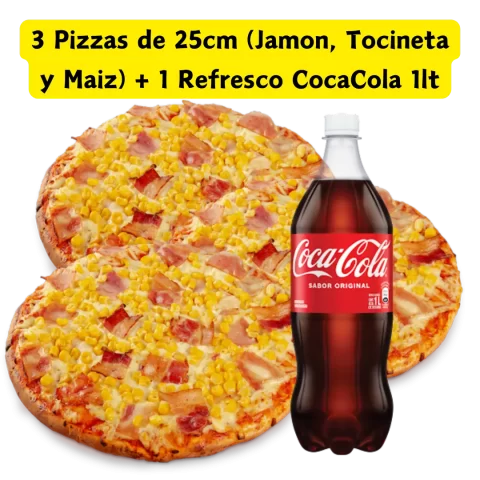Combo 3 Pizzas de 25cm + Refresco 1lt